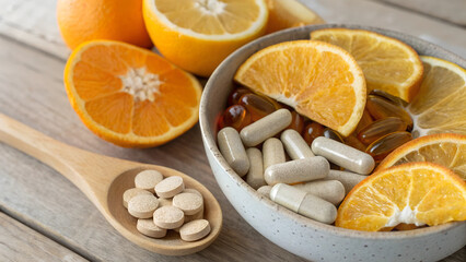 Fototapeta premium Close-Up of Amber Glass Bottle with Yellow Homeopathic Pills on Marble Surface