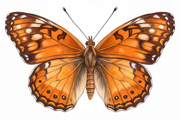 Fototapeta premium A vibrant orange butterfly with intricate patterns, showcasing delicate wings and an elegant stance, resting on a light background.