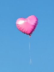 Fototapeta premium Pink heart balloon floating against clear blue sky - A vibrant pink heart balloon symbolizes love, joy, freedom, celebration, and happiness as it gracefully floats in the clear blue sky.