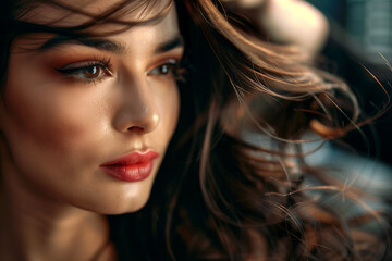 Fototapeta premium Smiling woman showing her new blonde hair in a hair salon, generative ai