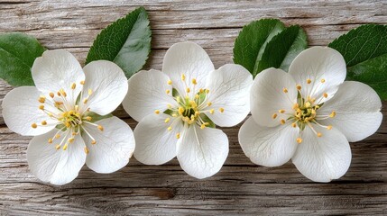 Fototapeta premium Three delicate white flowers with yellow stamens on a rustic wooden background.