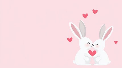Fototapeta premium Valentines Day Background with Two Cartoon Bunnies Cuddling - Cute cartoon bunnies symbolize love, affection, partnership, joy