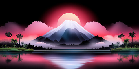 Fototapeta premium Majestic mountain landscape with a glowing sun and reflection on water