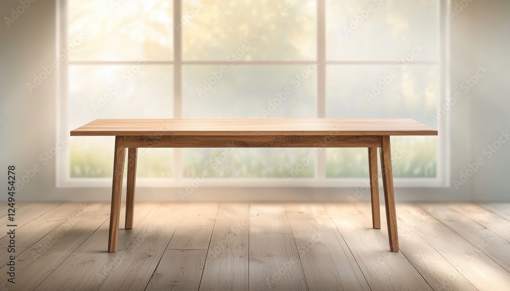 Poster a modern wooden table positioned in a bright room with large windows. natural light illuminates the 