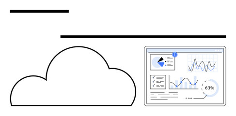 Cloud outline with a digital screen displaying various data visualization elements including line graphs, pie charts, and performance metrics. Ideal for data analysis, cloud computing, business