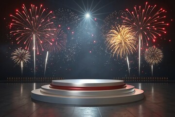 Abstract podium with colorful fireworks for party 3d render of Gold podium on black and red background