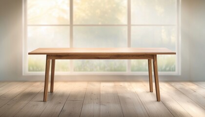 Fototapeta premium A modern wooden table positioned in a bright room with large windows. Natural light illuminates the space, creating a warm and inviting atmosphere suitable for gatherings or work.