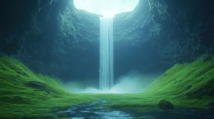 Hidden waterfall in mossy canyon, Iceland; nature background