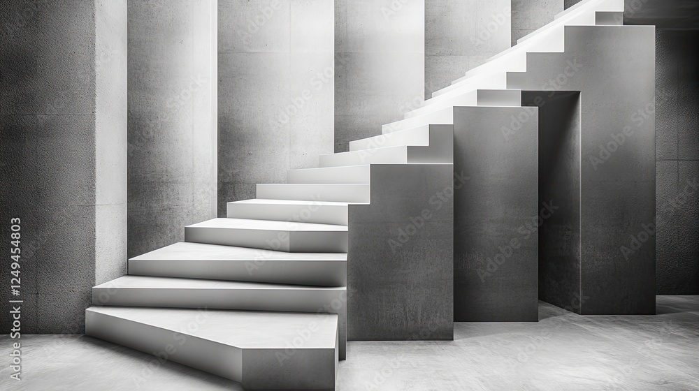Poster monochrome modern staircase leading to stacked cubic forms in a geometric layout. -