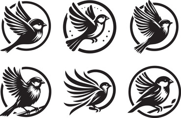 Silhouette set of black and white birds in flight with tribal and decorative design