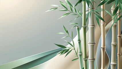 Fototapeta premium Fresh green bamboo shoots with abstract flowing design on light background