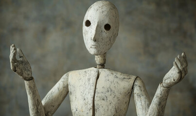 wooden mannequin with distressed texture is posed with its arms raised, expressing confusion. background is textured gray, adding to somber mood of image