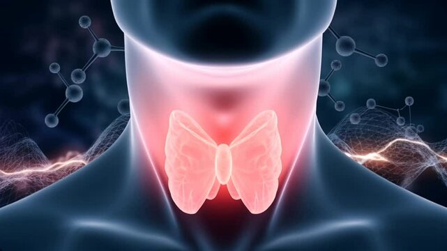 Thyroid Gland Medical Animation. 4K, 3D, Neck X-ray with illuminated cervical spine and thyroid gland. Sore throat, enlarged goiter. Close up 
