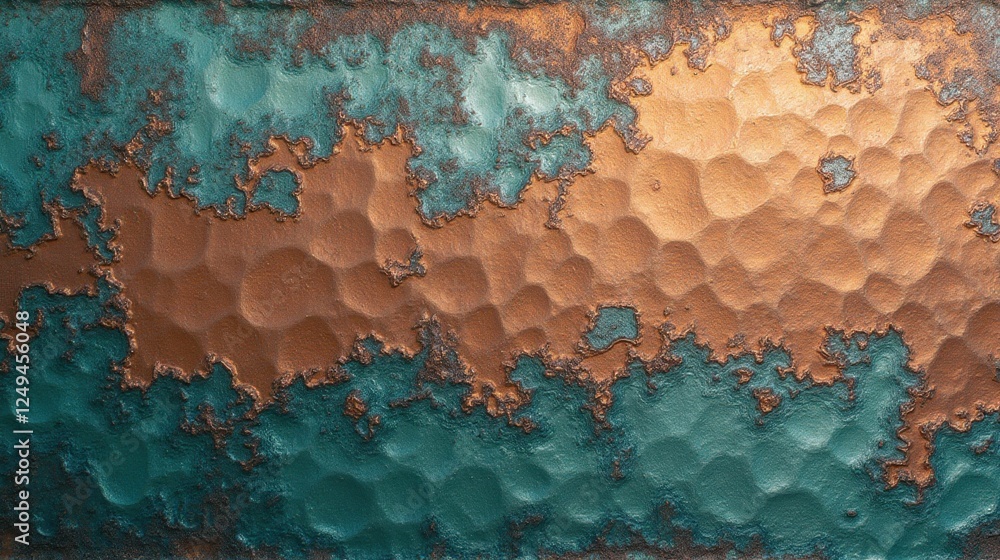 Poster hammered metallic surface with green and copper textures and patterns