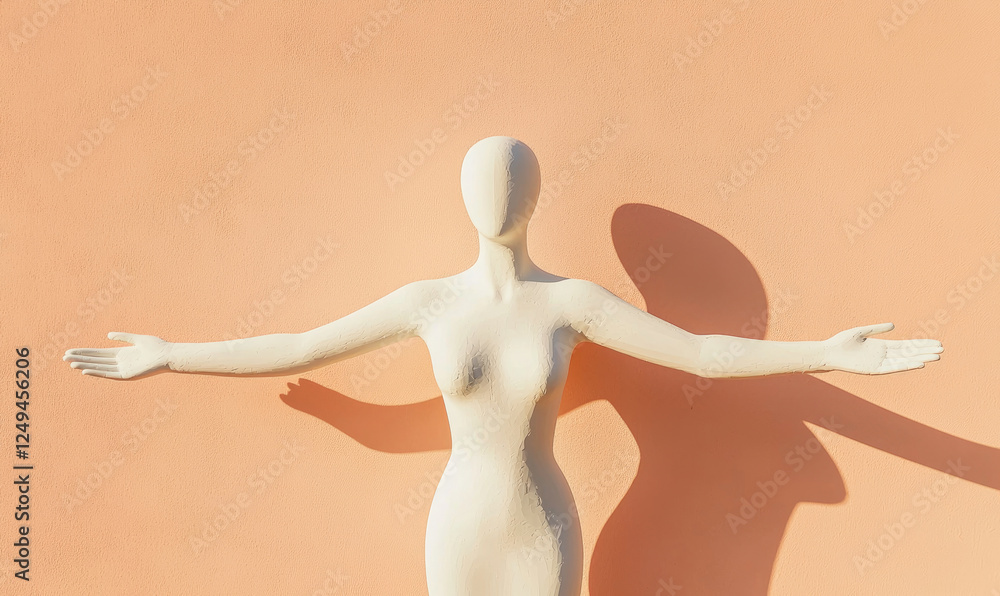 Poster minimalist mannequin with open arms casts shadow on peach background, evoking sense of vulnerability
