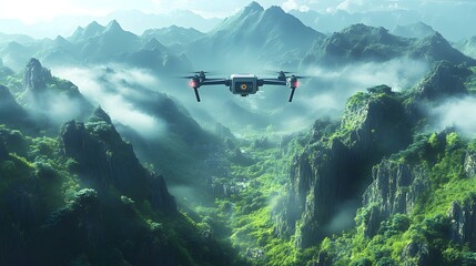 A Cutting-Edge Delivery Drone Flying Gracefully Over Majestic Mountain Peaks and Lush Greenery in Perfect Harmony with Nature