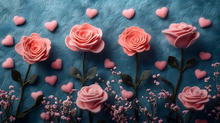 Charming Arrangement of Pink Handmade Felt Roses for Custom Holiday Greetings and Invitations on a Blue Backdrop