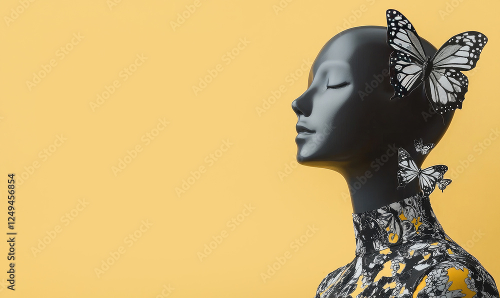Poster mannequin with serene expression is adorned with butterflies, symbolizing transformation against vib