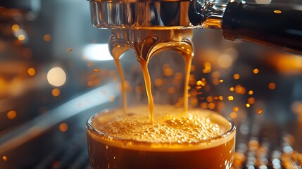 Close-Up of Barista at Work: Pouring Creamy Steamed Milk into Espresso with Dynamic Swirls and Warm Lighting