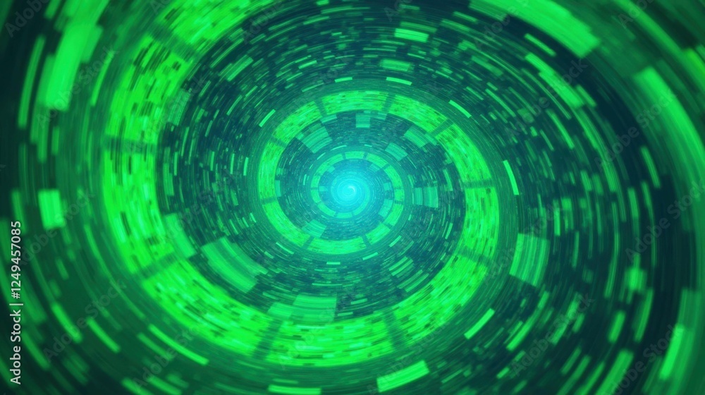 Poster spiraling abstract tunnel with neon green light and circular patterns