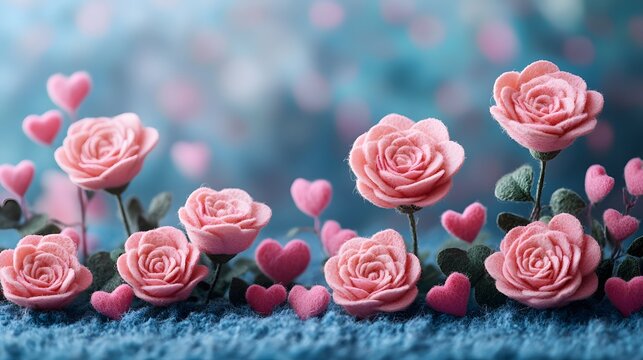 Exquisite Display of Pink Handmade Felt Roses on Soft Blue Background with Heart Accents, Perfect for Seasonal Card Designs