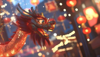 A vibrant cartoon style dragon celebrates the chinese new year