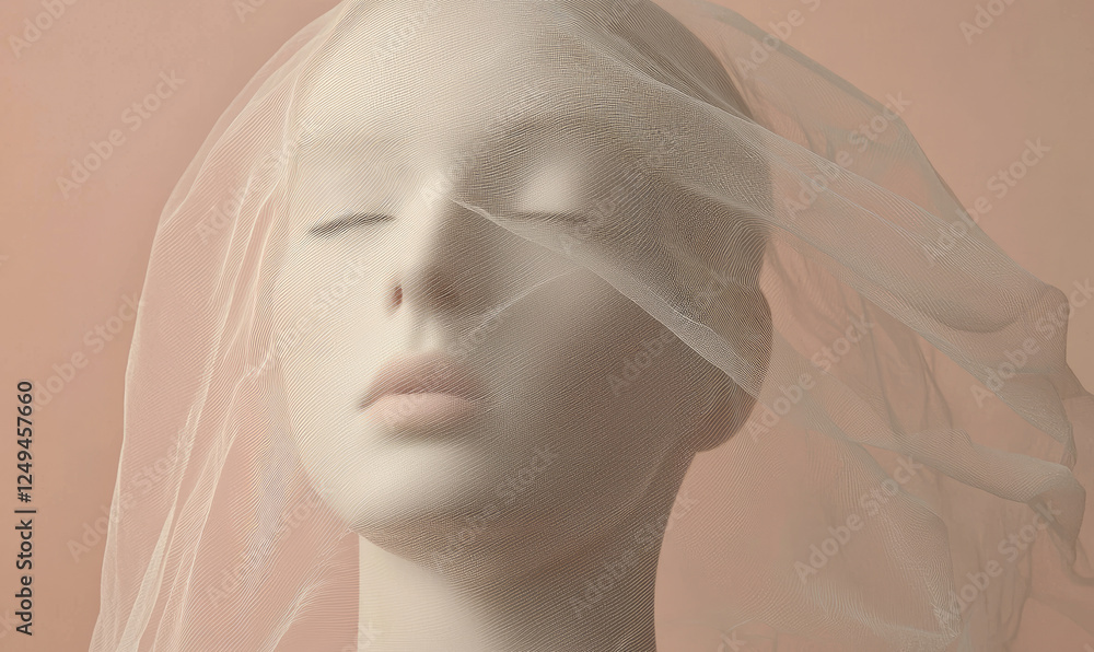 Poster mannequin head is draped with translucent fabric, creating serene and ethereal appearance against so