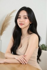Naklejka premium Asian woman with voluminous black hair, beige dress, sitting confidently at a table