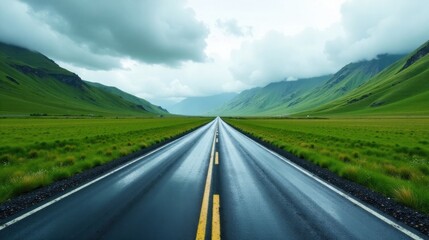 Naklejka premium Asphalt ribbon unwinding through a verdant valley, flanked by rolling hills under a dramatic sky