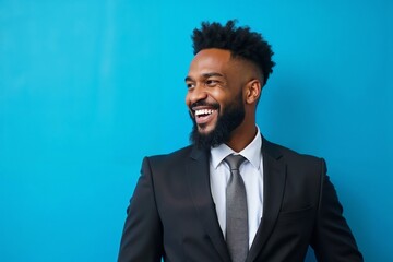 Smiling Young Man in Suit Posing Against Blue Background