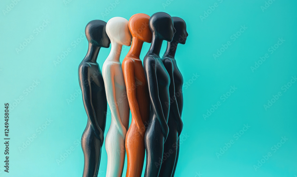 Poster five mannequins in different colors stand in row against turquoise background, symbolizing unity and