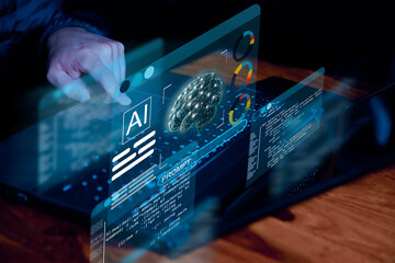 A futuristic digital interface showcasing AI technology, machine learning, and data analytics,...