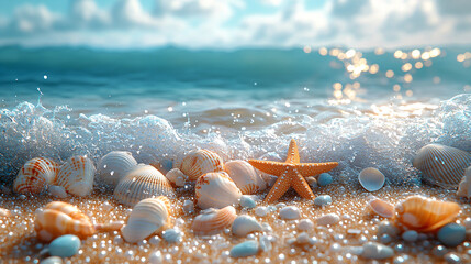 Tropical Maldives beach with white sand, starfish, and pebbles resort