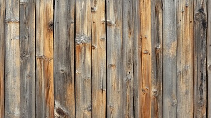 Naklejka premium Rustic wooden fence in a countryside setting, weathered and aged by time.