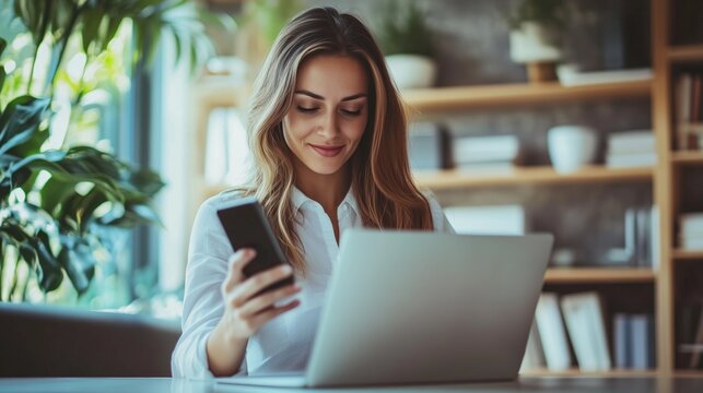 Business woman using mobile smart phone and online working on laptop computer, surfing the internet, searching the information at office. Female student online studying from home, generative ai