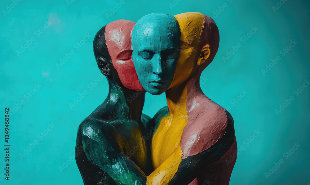 Aufkleber three abstract figures with colorful, intertwined faces symbolize unity and harmony against teal bac