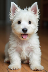 West Highland White Terrier puppy at home: curious and playful West Highland White Terrier puppy sits quietly on wooden floor.