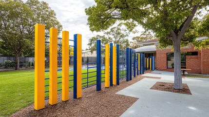 Schoolyard fence with bright yellow and blue safety bars, creating a cheerful atmosphere. -