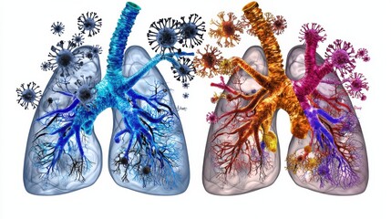 Comparison of healthy lungs and lungs affected by tuberculosis with vibrant color coding