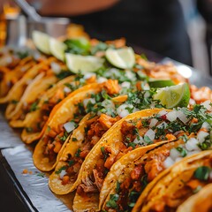 Street food favorites in Mexico City, casual styled photography, natural light, colorful tacos al pastor, fresh lime garnish, vibrant street vendor setup