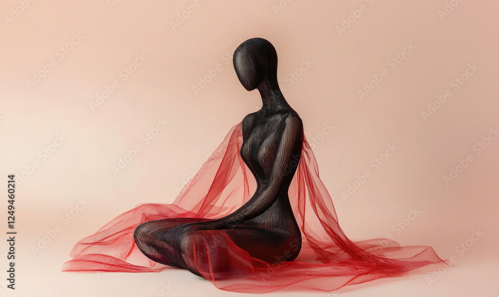 Poster black mannequin with red translucent fabric draped elegantly sits against soft peach background, cre