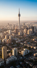Fototapeta premium Johannesburg Sunrise: Cityscape View with Hillbrow Tower, South Africa. Urban Dawn, Skyline Majesty & City Living. Travel SA!