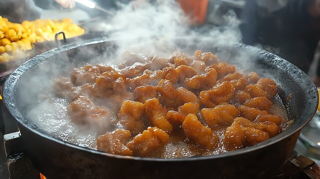 Street food favorites in Bangkok, casual styled photography, natural light, steaming pad thai, sizzling satay, bustling night market atmosphere, authentic street scene