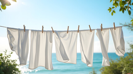 White linen fabrics flutter on a rope against a vibrant coastal landscape.