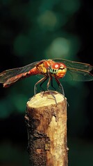 Dragonfly perched on wooden stick forest nature close-up natural light insect behavior