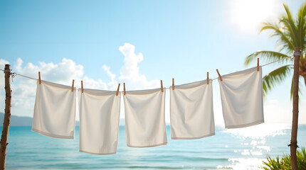 White linen fabrics flutter on a rope against a vibrant coastal landscape.