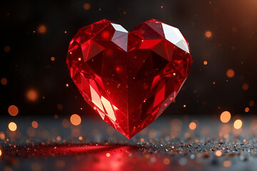 A levitating faceted red glass heart, casting shimmering light reflections onto a dark, festive background. The edges of the heart shine like a precious gemstone, while tiny glowing particles surround