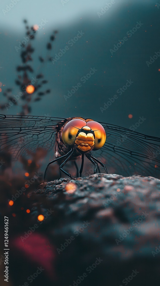Poster captivating dragonfly close-up in a misty forest nature serene environment macro view