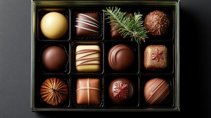 Assorted chocolates in gift box, holiday, dark background, festive treat, food photography