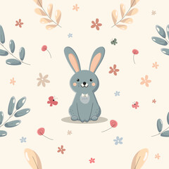 seamless pattern with cute blue easter bunny is sitting on beige background with colorful flowers. flat vector seamless pattern